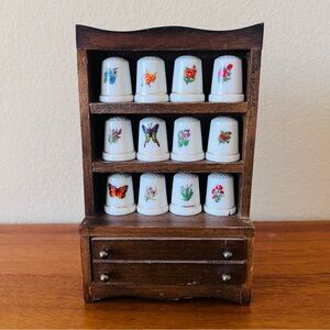 Vintage Mini Wooden Display Box with Floral and Butterfly Thimbles
